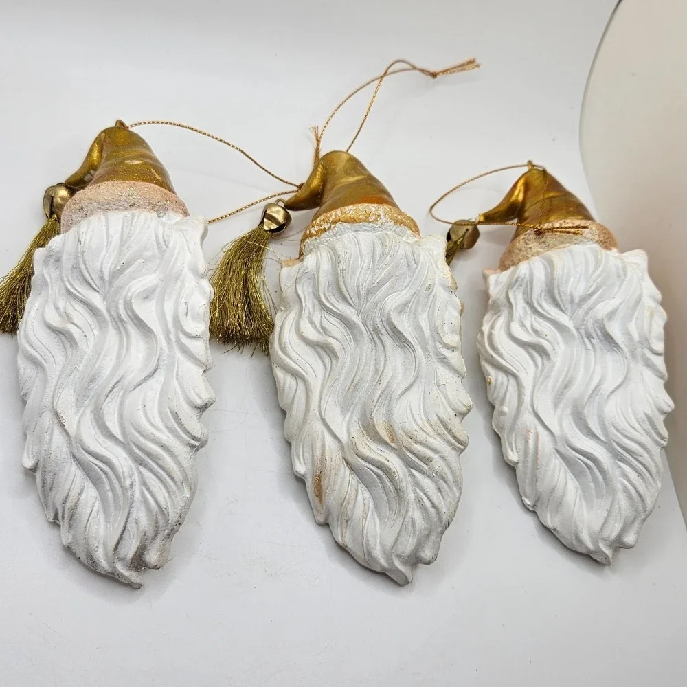 Set of 3 Vintage Santa Face Christmas Ornaments‎ Gold Hat Tassel Holiday Decor
